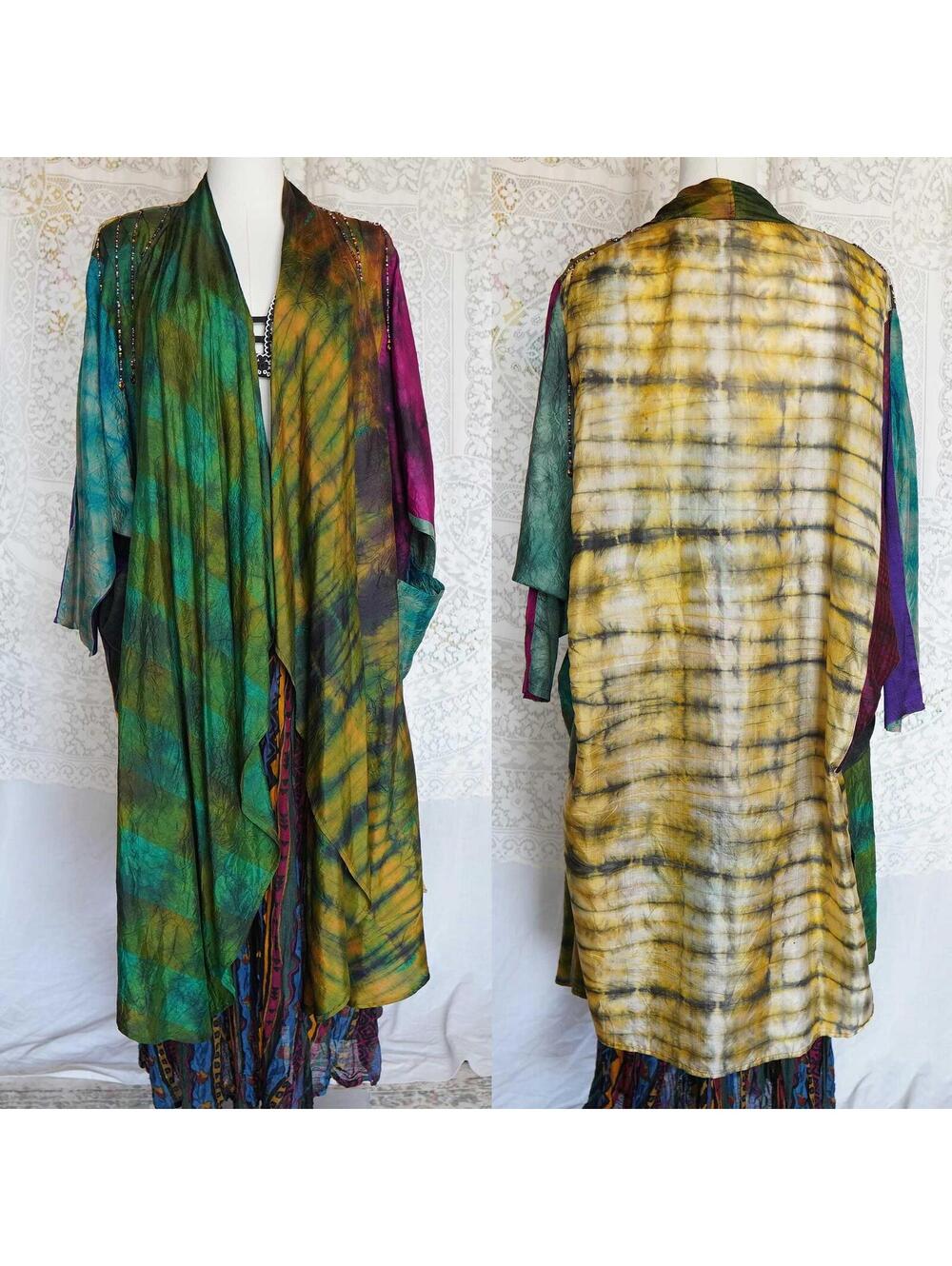 Vintage Silk Robe tie dye Patchwork beaded boho duster Fairy Festival Unique!